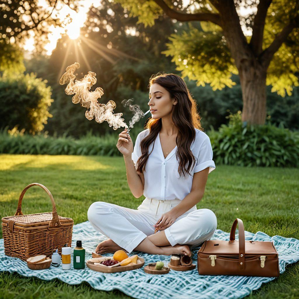 A serene outdoor setting featuring a person enjoying an elegant vaping device, wisps of vapor curling in the air. Surround them with lush greenery, a cozy picnic setup, and a hint of sunset in the background for warmth. Showcase various stylish cigarette alternatives artistically arranged nearby. The ambiance should suggest relaxation and satisfaction. super-realistic. vibrant colors. warm tones.