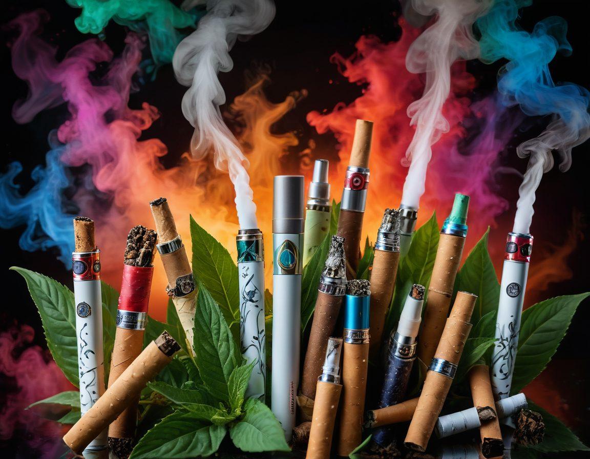 A vibrant collage showcasing the evolution of tobacco products, featuring herbal cigarettes with lush green leaves, modern vaping devices with sleek designs and glowing lights, and a background of abstract smoke patterns. The scene should convey a sense of joy and innovation, incorporating warm and inviting colors that enhance the feeling of exploration. super-realistic. vibrant colors. white background.
