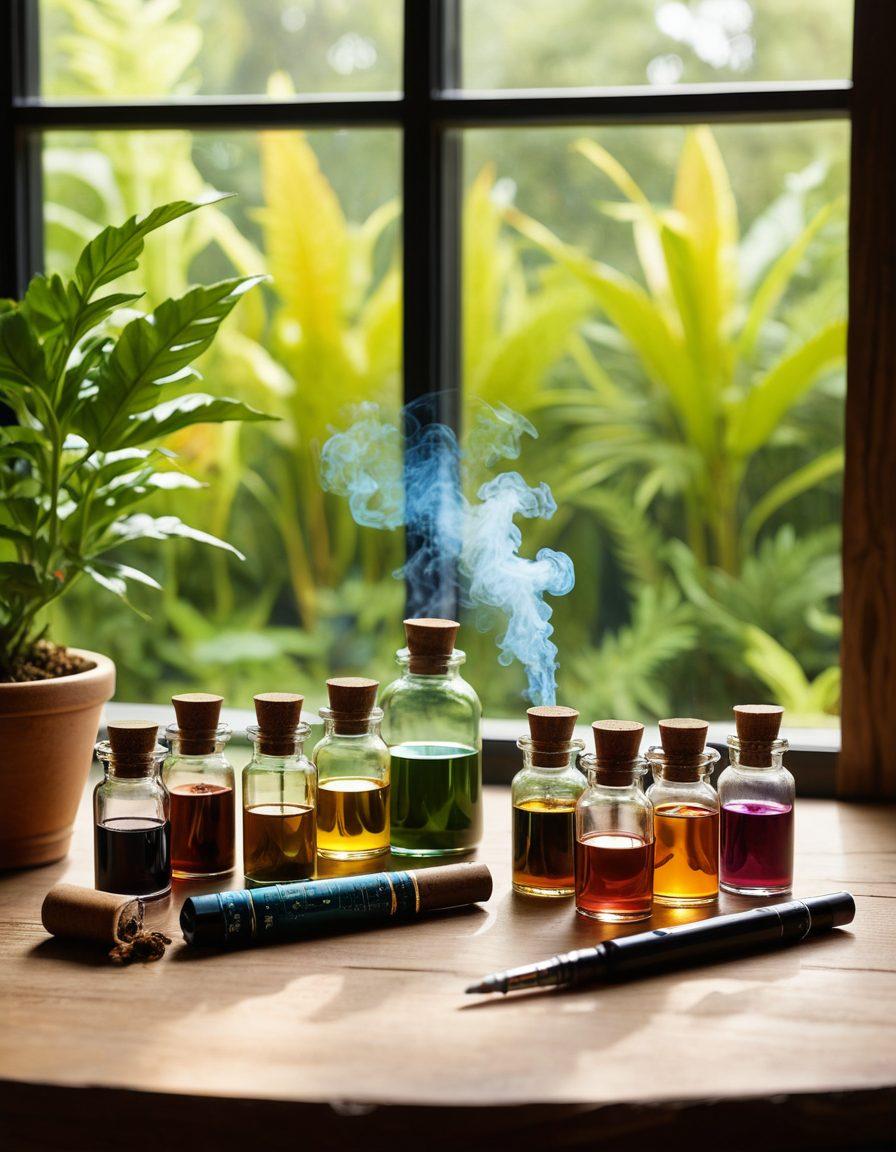 A vibrant, inviting scene showcasing an array of creative tobacco alternatives and vaping products on a rustic wooden table. Include elegant glass vials filled with colorful herbal blends, sleek vape pens with artistic designs, and hints of lush green plants in the background. Soft light filtering through a window casts warm shadows, emphasizing the joy of discovery in this space. A subtle hint of smoke swirling in the air adds a dynamic element. super-realistic. vibrant colors. warm tones.
